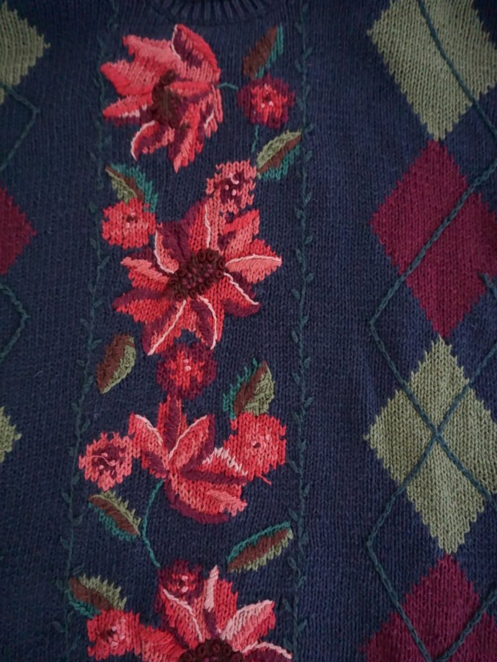 Vintage White Stag Navy Burgundy Argyle Flowers Embroidered Cotton Sweater XL - Picture 5 of 13